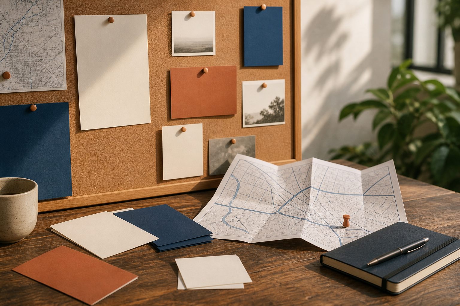 Editorial community resource study with neutral cards, cobalt map lines, a terracotta pin, and a field notebook