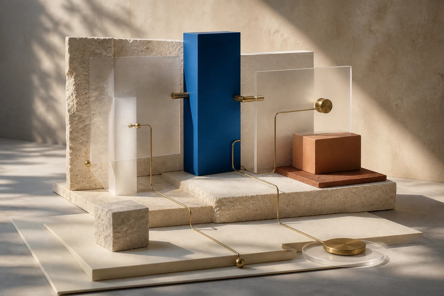 Illustrative connected-systems material study with a cobalt block, stone and acrylic panels, brass paths, and a terracotta cube