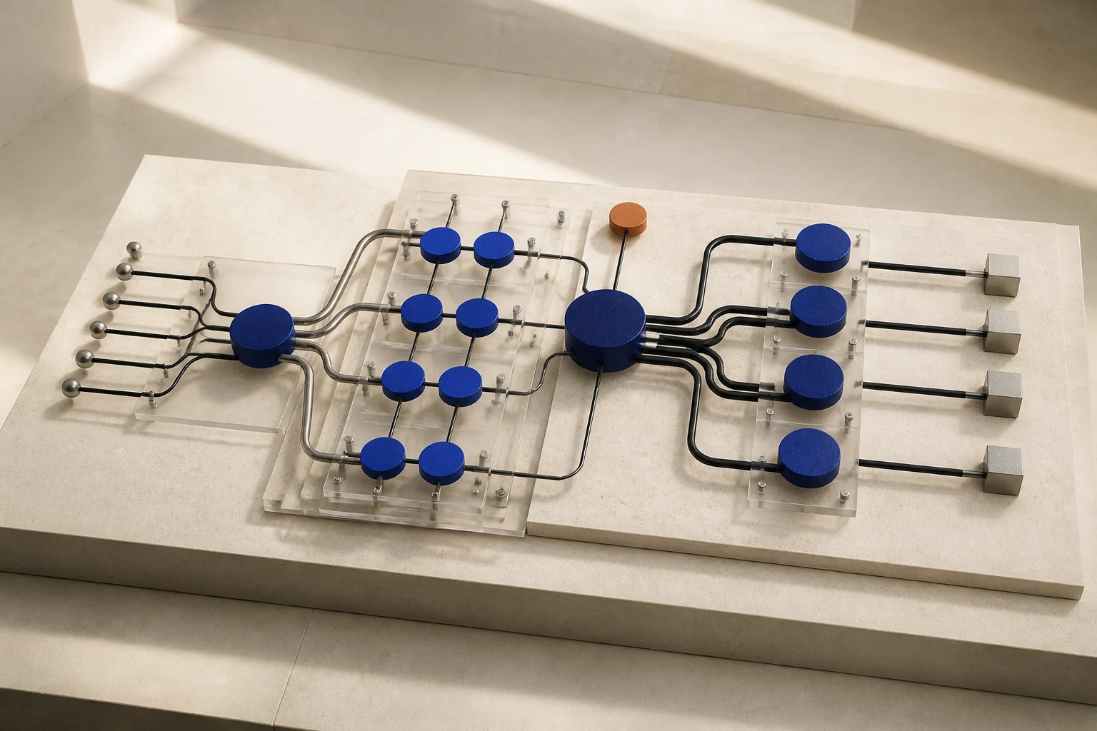 Illustrative physical systems board with cobalt blue circular nodes connected by black and metal paths on a stone surface