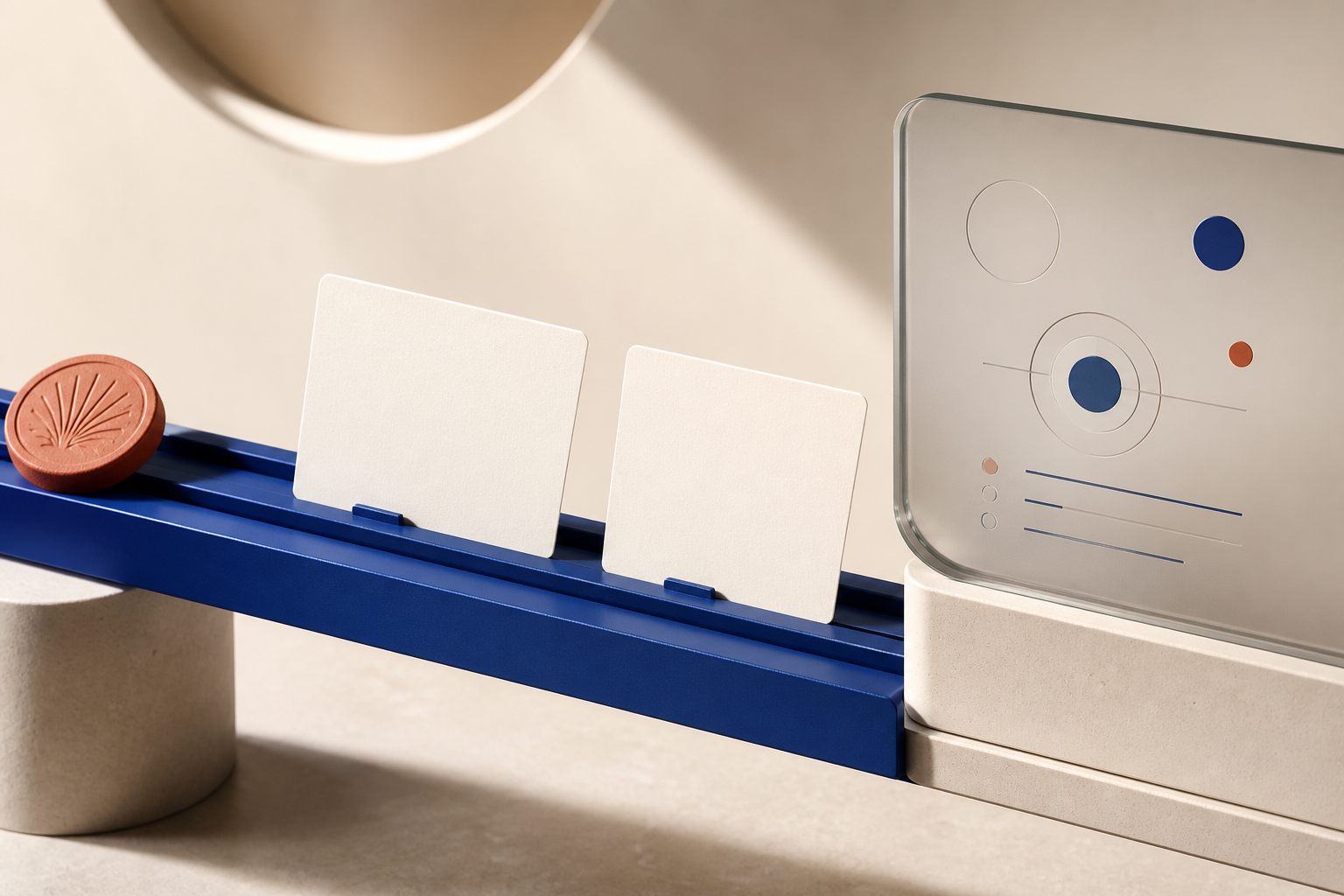 Illustrative introduction workflow study with blank cards moving along a cobalt rail toward a fictional interface panel