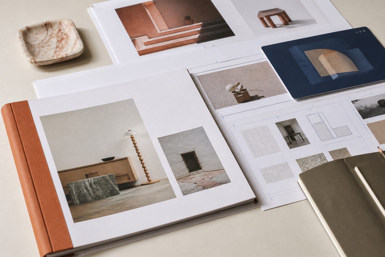 Editorial studio dossier with unbranded project sheets, cobalt layout markers, and terracotta binding