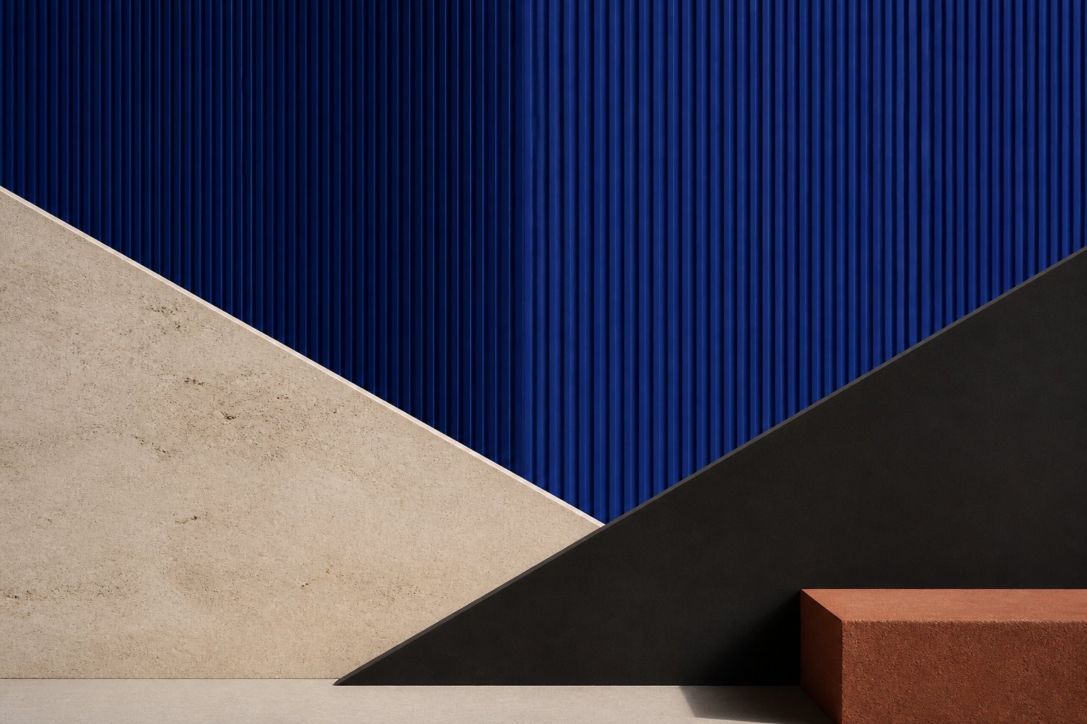 Abstract cobalt and limestone architectural composition
