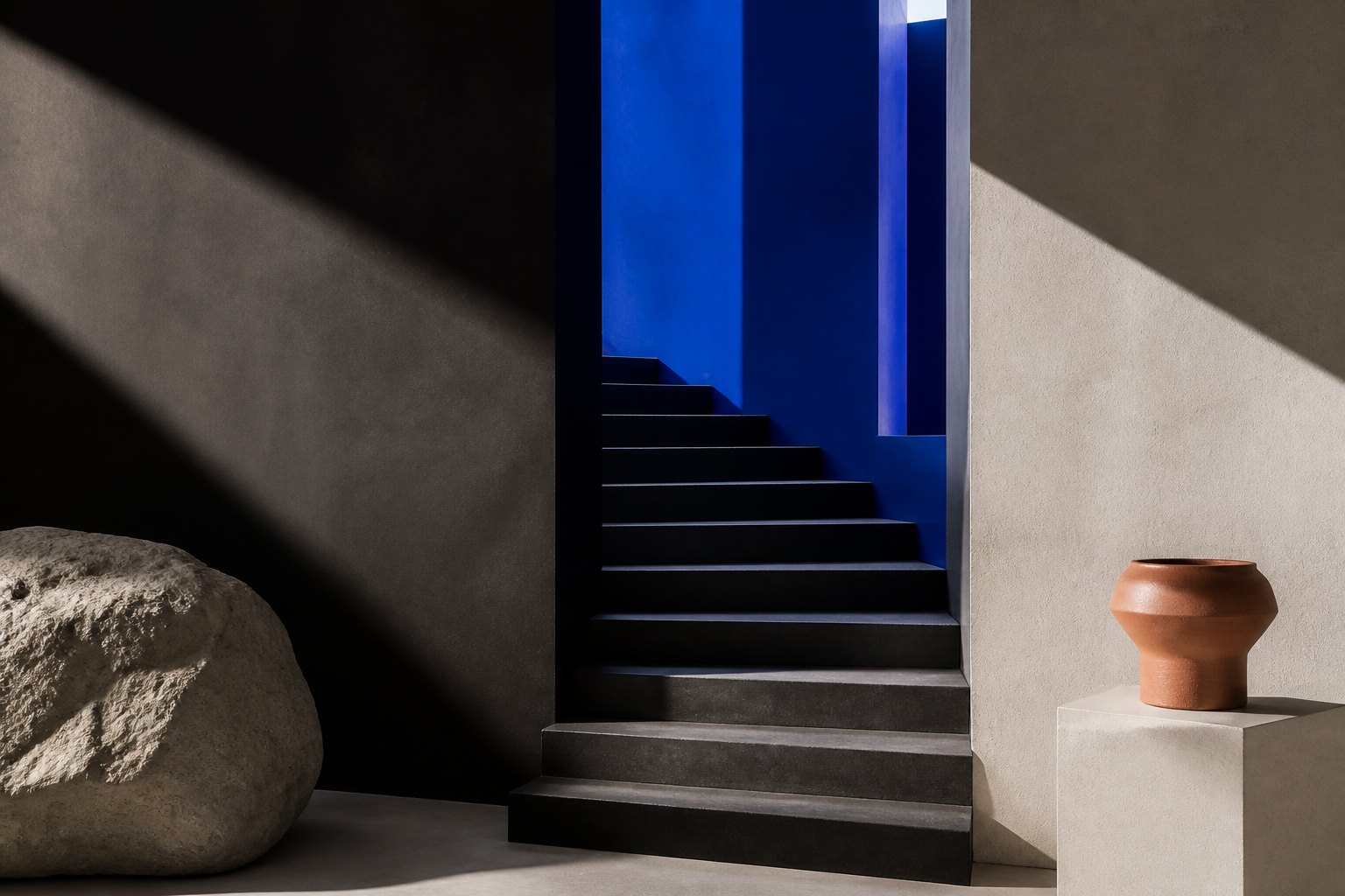 Black steps leading into a cobalt architectural opening