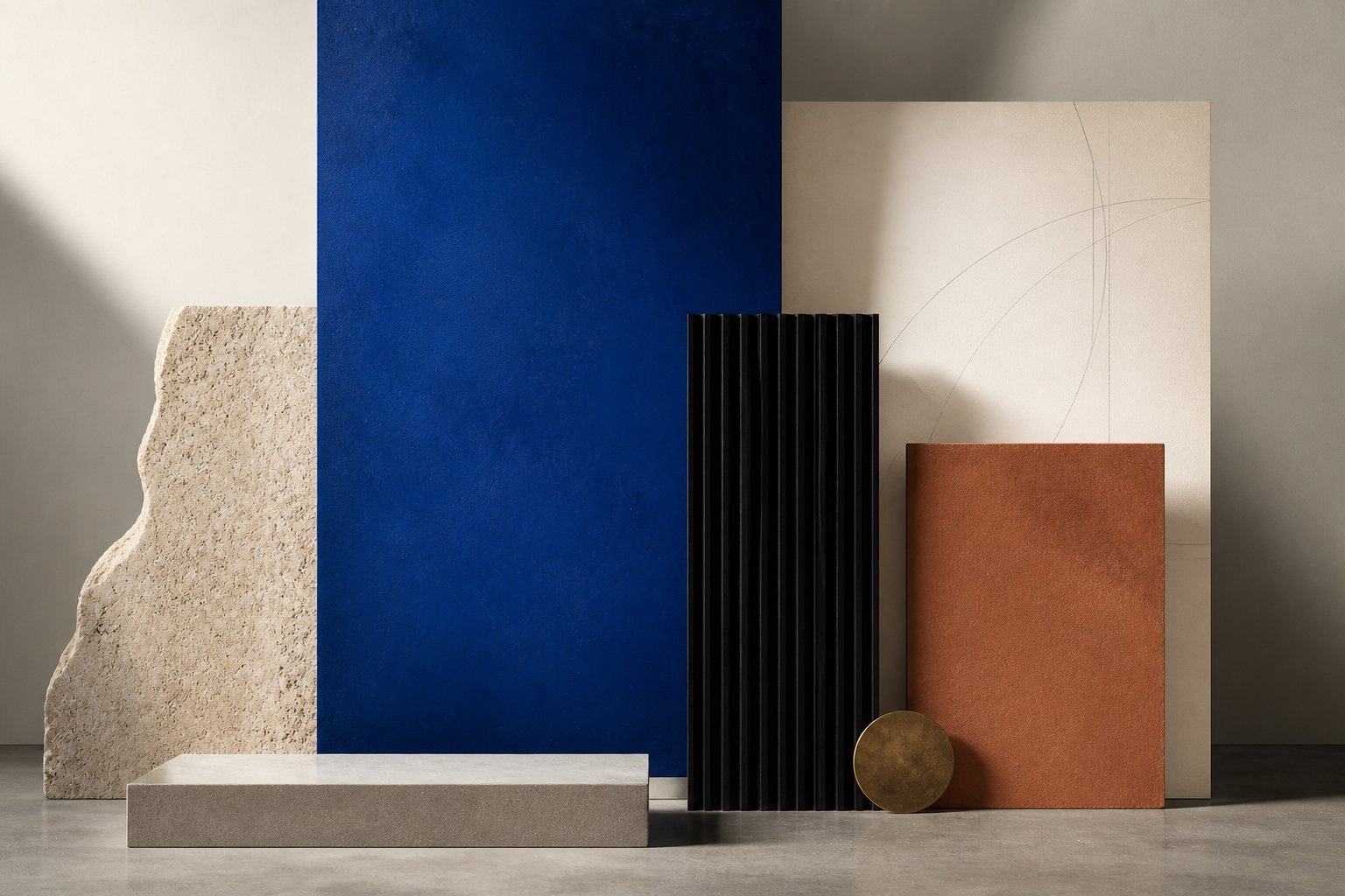 Abstract arrangement of cobalt, stone, clay, paper, and brass materials